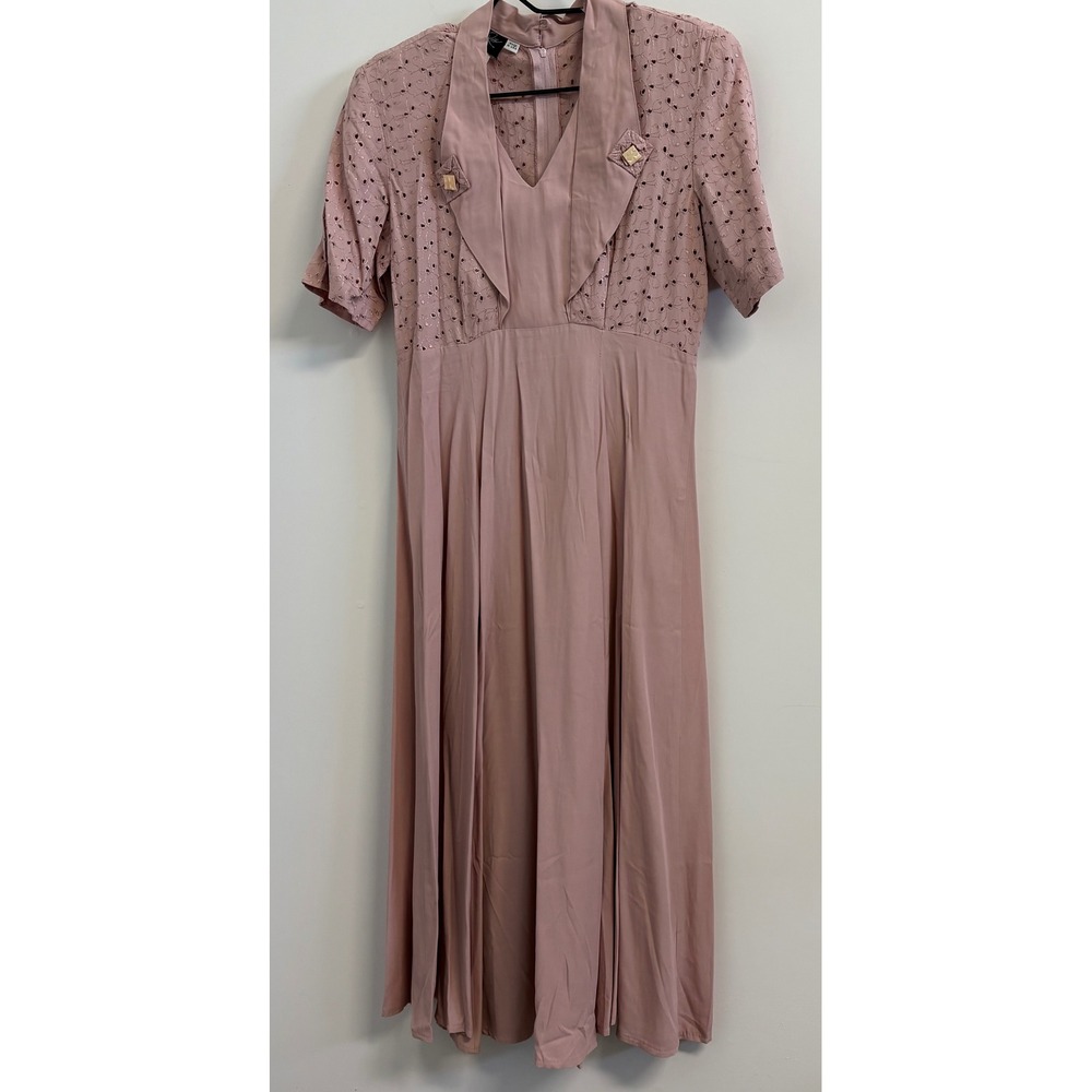 Wild Rose Vintage Mauve Pink Eyelet Midi Dress Short Sleeve Made in USA Size 8